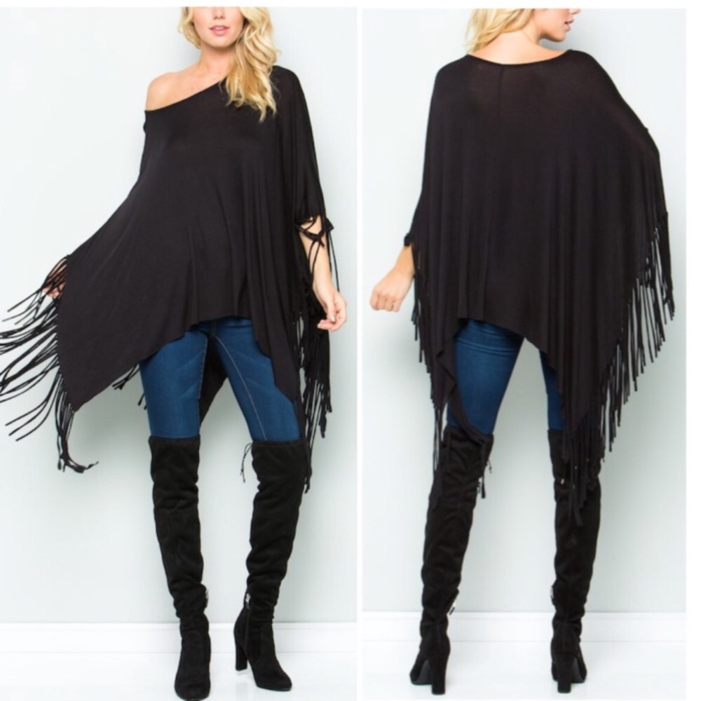 NWT Black Fringe Hem Poncho